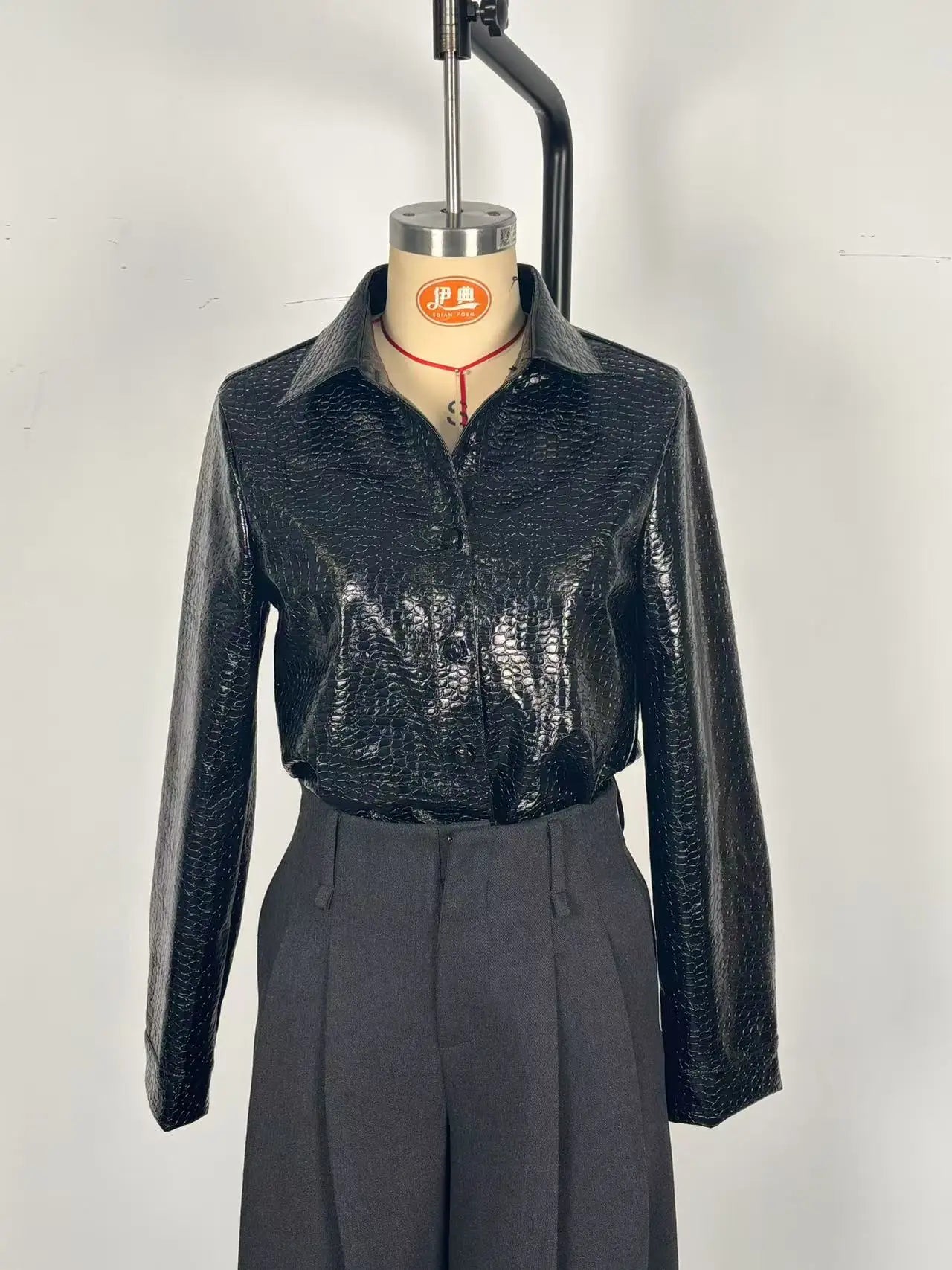 Elegant Long Sleeve PU Leather Shirt Women's Black Button up Snake Skin Pattern Fashionable Top for Autumn Winter