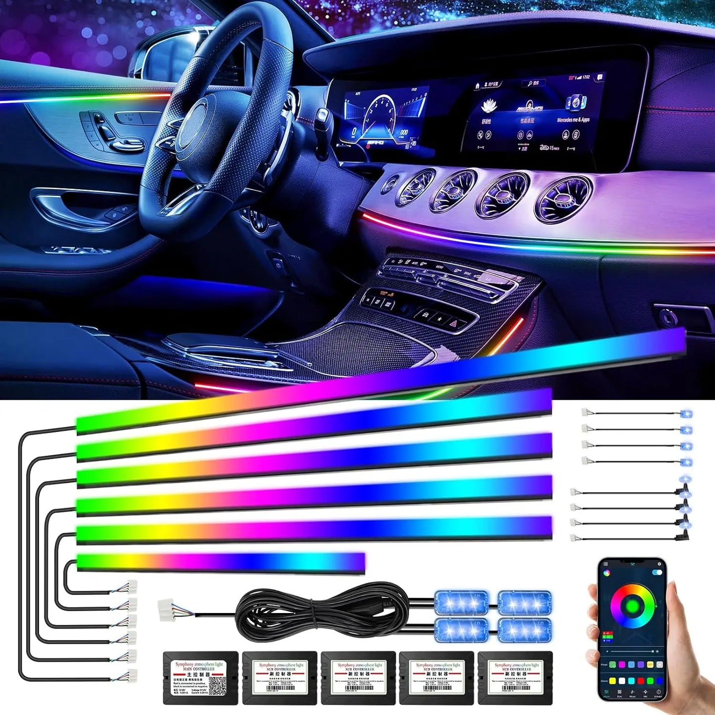 Symphony 18 in 1 RGB LED Car Interior Ambient Light Kit Acrylic Strip Full Color Streamer Atmosphere Lamp Auto Accessories