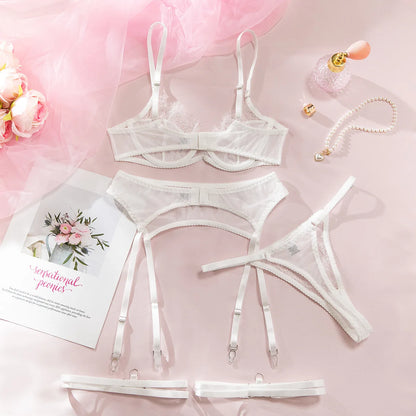Ellolace Fancy Lingeries Sexy Hot Elegant Bra 3PC Set with Leg Circles Sissy Solid Color Intimate Eyelash Lace Patchwork Costume