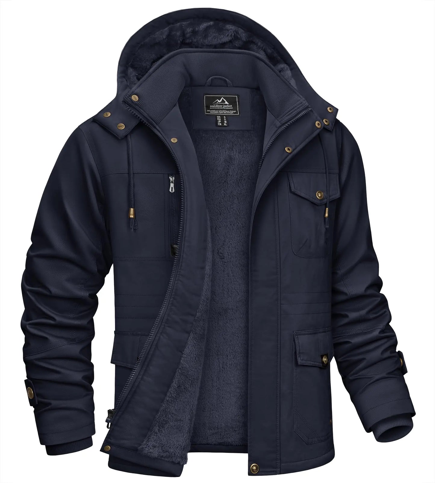 TACVASEN Mens Fleece Lined Winter Warm Jacket Detachable Hood With 6 Multi-Pocket Parka Coat Windproof Outdoor Hiking Daily Coat