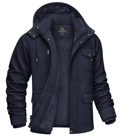TACVASEN Mens Fleece Lined Winter Warm Jacket Detachable Hood With 6 Multi-Pocket Parka Coat Windproof Outdoor Hiking Daily Coat