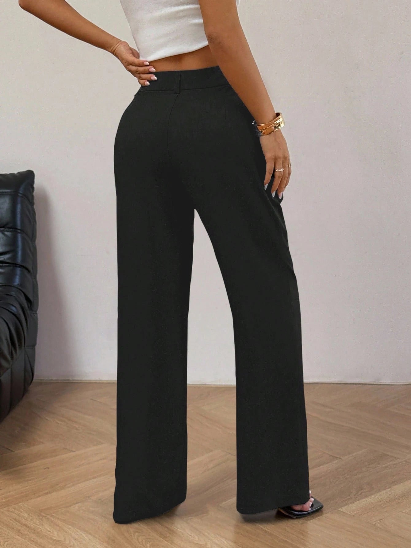 Women's Black High Waist Wide Leg Pants | Button Fly Pleated Draped Flattering Office Suit Trousers, Versatile