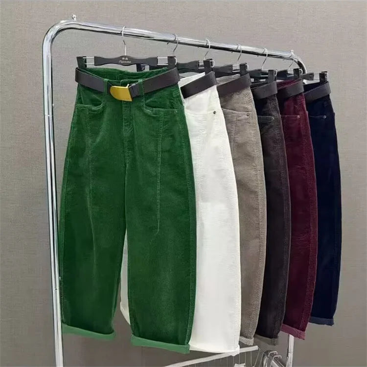 High Waist Cotton Corduroy Harlan Pants Slim Fit Casual Nine Point Knife  Straight Leg Crop Leisure Long Trousers