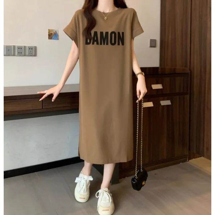 Women's Loose Letter Print T-Shirt Dress Summer Casual Short Sleeve Midi Dress Oversized Streetwear Female Long Dress
