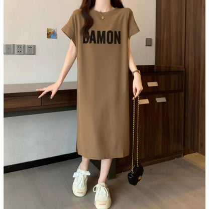 Women's Loose Letter Print T-Shirt Dress Summer Casual Short Sleeve Midi Dress Oversized Streetwear Female Long Dress