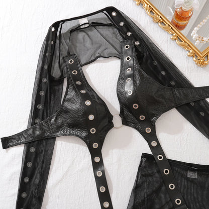 2025 Sexy Hottie Bra Set Punk Style Studded Party Fashion Club Rave Costume Erotic Lingerie Wrap Skirt four-piece Set