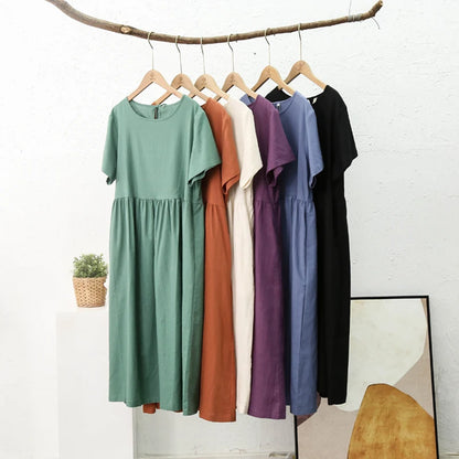 Summer Cotton Linen Women Dresses Vintage Short Sleeve Casual Loose Back Bandage Harajuku Party Club Dress With Pockets