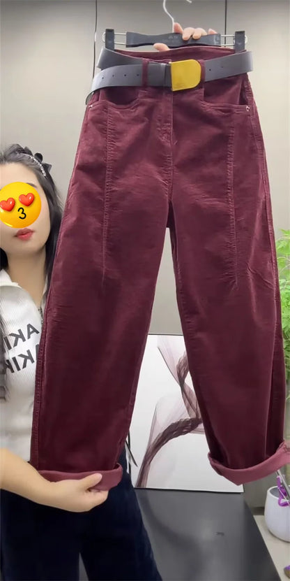 High Waist Cotton Corduroy Harlan Pants Slim Fit Casual Nine Point Knife  Straight Leg Crop Leisure Long Trousers