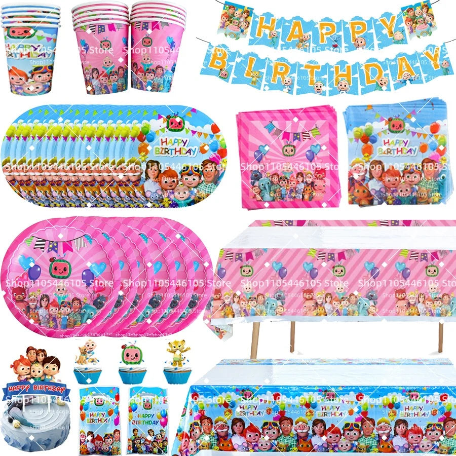 Cocomelon Birthday Party Decoration Tableware Set Birthday Cup Plate Napkin Tablecloth Cake Topper Balloon Party Favors Gifts