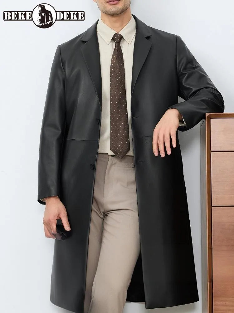 Business Casual Style Turn Down Collar Pocket Genuine Leather Long Jacket Single-Breasted Male Sheepskin Trench Outerwear