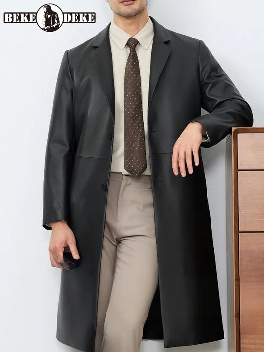 Business Casual Style Turn Down Collar Pocket Genuine Leather Long Jacket Single-Breasted Male Sheepskin Trench Outerwear