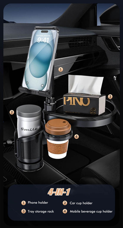 New Car Cup Holder Tray Adjustable with Phone Holder Tablet Tray Table 2 Cup Holders Road Trip & Car Traveling Essential Gadget