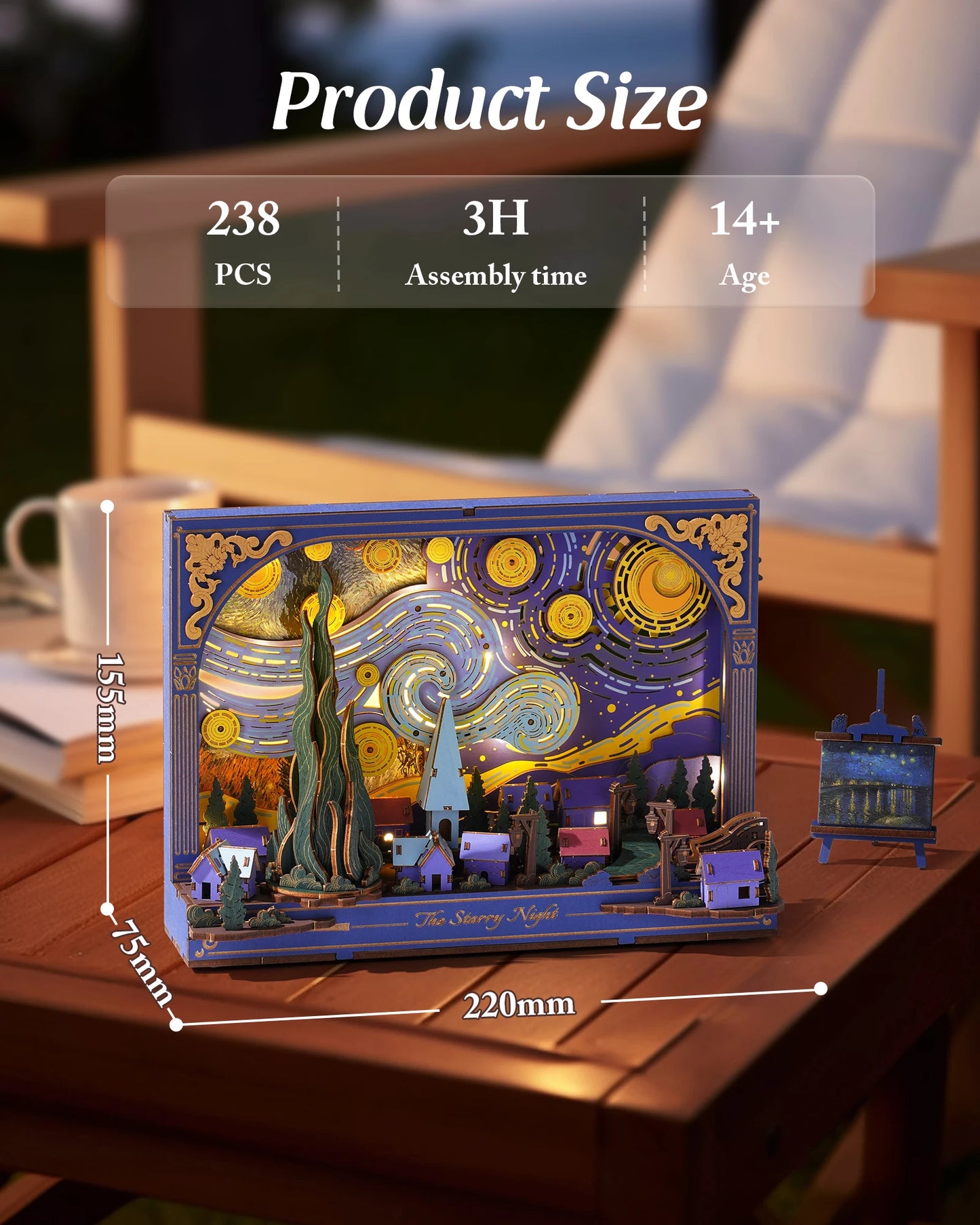 Robotime The Starry Night Wall Art Moving 3D Wooden Puzzle with LED Light Gears Interactive Desk Decor Unique DIY Gift for Adult