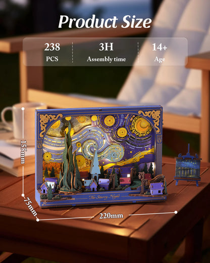 Robotime The Starry Night Wall Art Moving 3D Wooden Puzzle with LED Light Gears Interactive Desk Decor Unique DIY Gift for Adult
