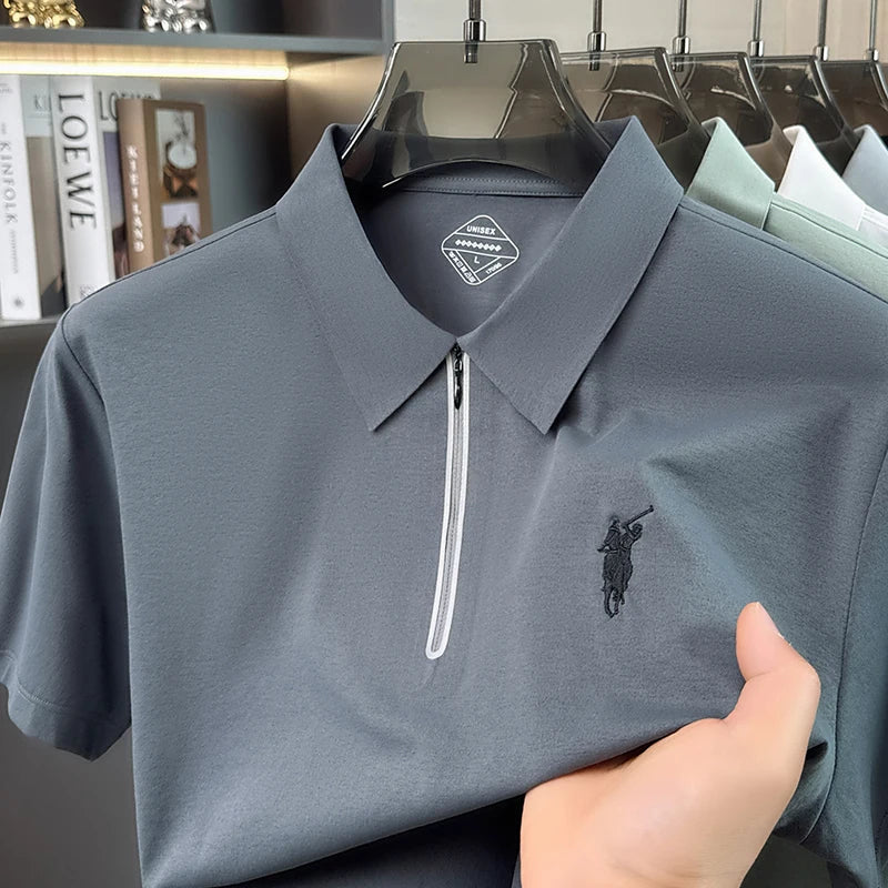Summer New Ice Silk Cool Short Sleeved Polo Shirt, Skin Friendly, Breathable, Lapel Zipper, Business Casual T-shirt for Men