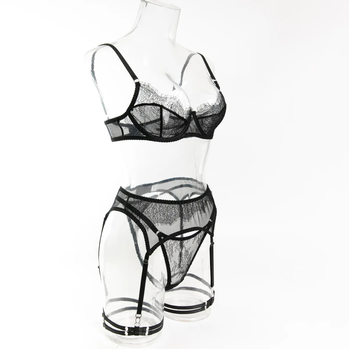 Ellolace Fancy Lingeries Sexy Hot Elegant Bra 3PC Set with Leg Circles Sissy Solid Color Intimate Eyelash Lace Patchwork Costume