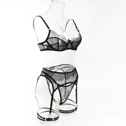 Ellolace Fancy Lingeries Sexy Hot Elegant Bra 3PC Set with Leg Circles Sissy Solid Color Intimate Eyelash Lace Patchwork Costume