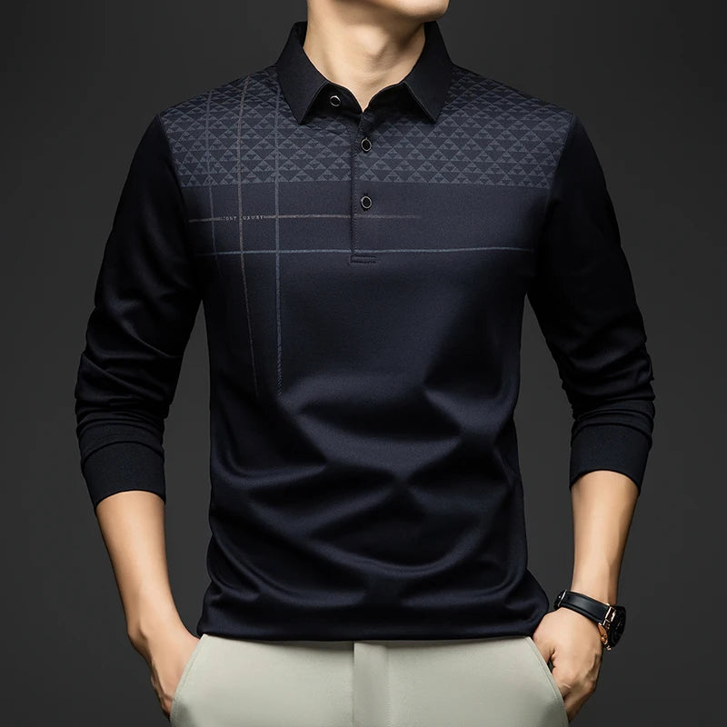 BROWON Luxury Brand Elegant Formal Polo Tshirts Men Graphic Design Long Sleeve Shirt Collar Office Work Polo Tops Man Clothing