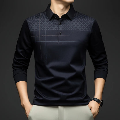 BROWON Luxury Brand Elegant Formal Polo Tshirts Men Graphic Design Long Sleeve Shirt Collar Office Work Polo Tops Man Clothing