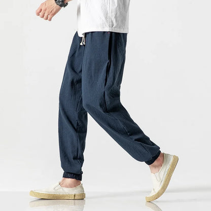 Men's Cotton Linen Casual Pants Baggy Streetwear Men Joggers Sports Trousers Solid Color Long Straight Trendy Pants for Men
