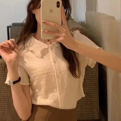 2026 New Korean Preppy Style Women's Polo Collar Short Sleeve Shirt Top Sweet Slimming Versatile Younger Looking