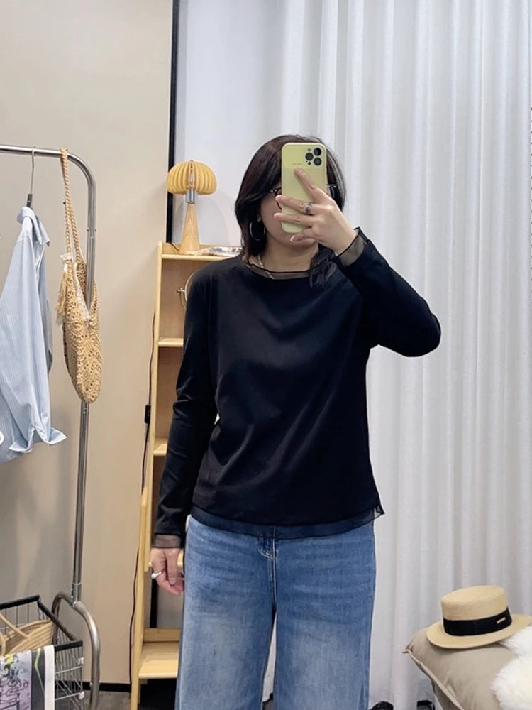 Spring New plus Size round Neck Mesh Splice Loose Long Sleeve Base Shirt Women Fat MM Slimming Belly Cover Simple T-shirt