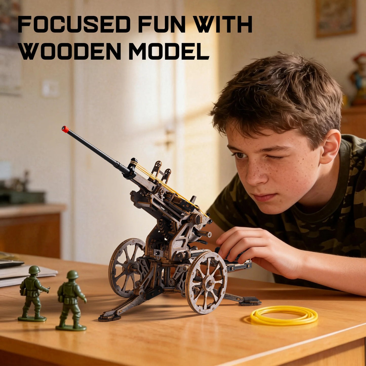 ROKR Anti-aircraft Gun Wooden 3D Puzzle Mechanical Rubber Band Shooting Model Building Kit 133-Piece Puzzle Toys for Desktop Decor Gift for Adults Kids