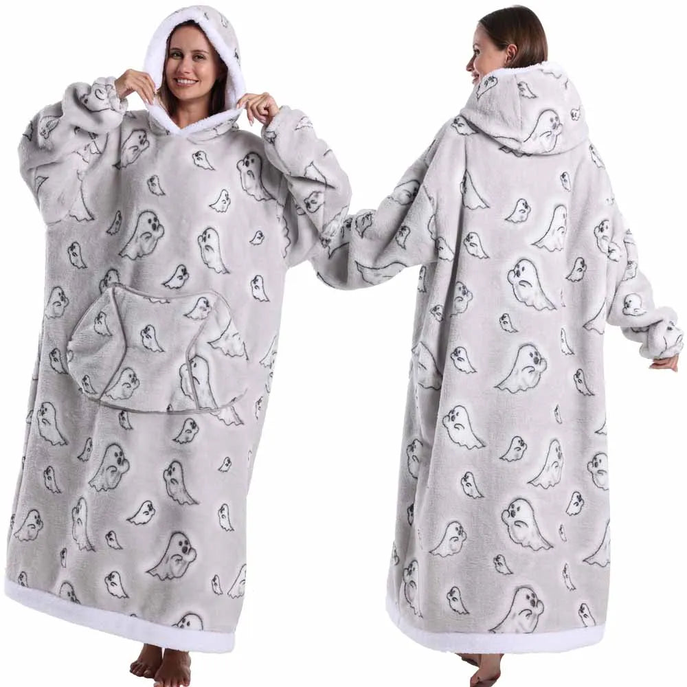 Women Hoodies Fluffy Warm Black Grey Long Sleeve Top Halloween Pumpkin Skull Ghost Hoodie Blanket Oversized Adult Winter Clothes
