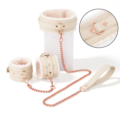 White PU Leather Sex Handcuffs Ankle Cuffs And Collar Bdsm Bondage Set Sex Toys for Couples Womens Erotic Accessories Products ﻿