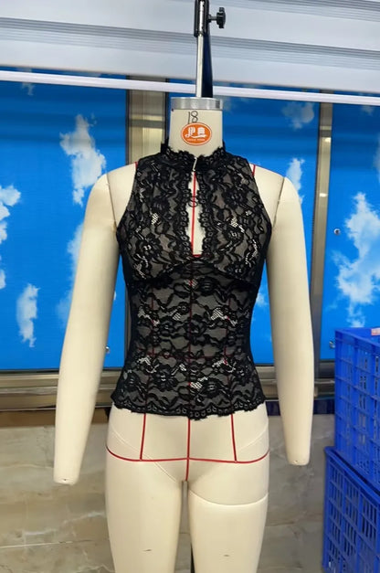 Women Kawaii Harajuku Retro Tank Tops Cut Out Mockneck Sleeveless Slim Fit Vest Trendy Summer Lace Corset Streetwear