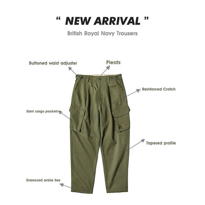 Men's Vintage British Royal Navy Pants, Pure Cotton Tapered Cargo Pants, All-Season Casual Large-Pocket Straight-Cut Long Pants
