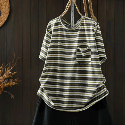 Women Summer Short-sleeve T-shirt 2026 Summer New Stylish Striped Single-pocket Loose T-shirt ZXY154