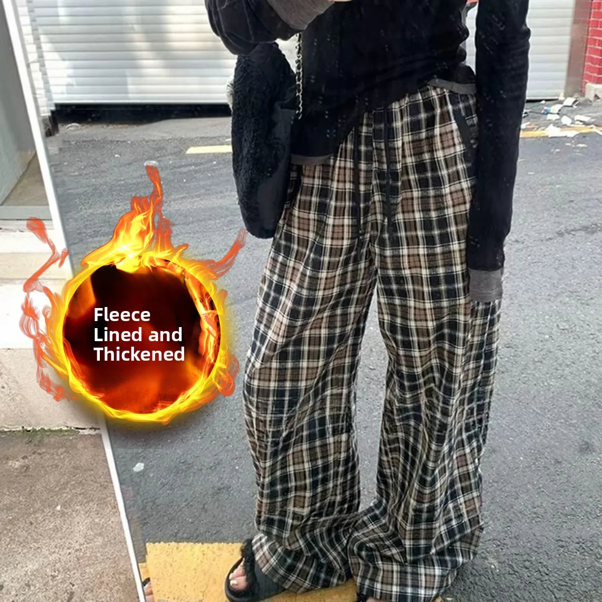 Lamb Velvet Fce Lined Thi Plaid Casual Pants Women's Autumn Winter Loose Straight Leg Wide Leg Cotton Spwear Trousers
