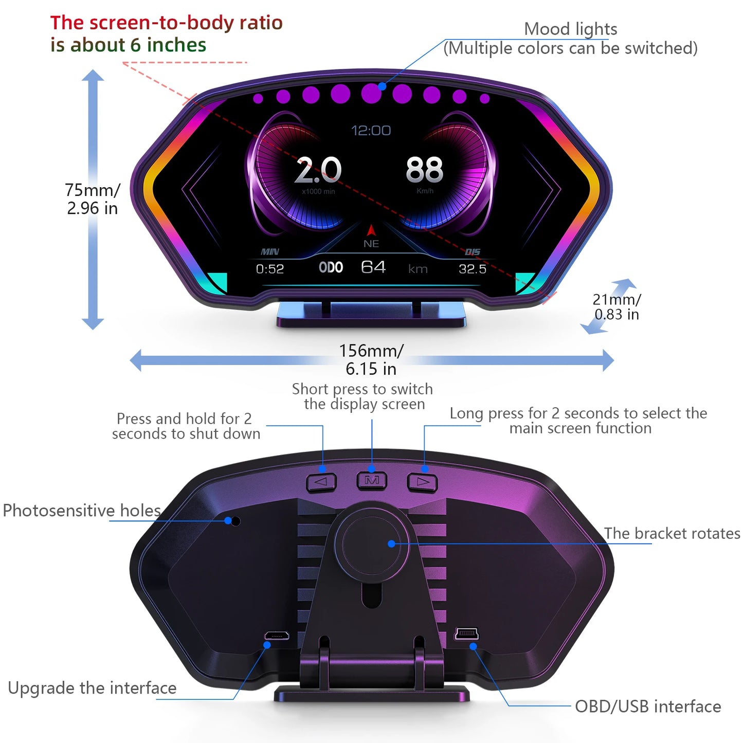 36 Functions HUD OBD+GPS Dual System Car Head Up Display GPS Speedometer Slope Meter Water Temp Speed Alarm on-board Computer