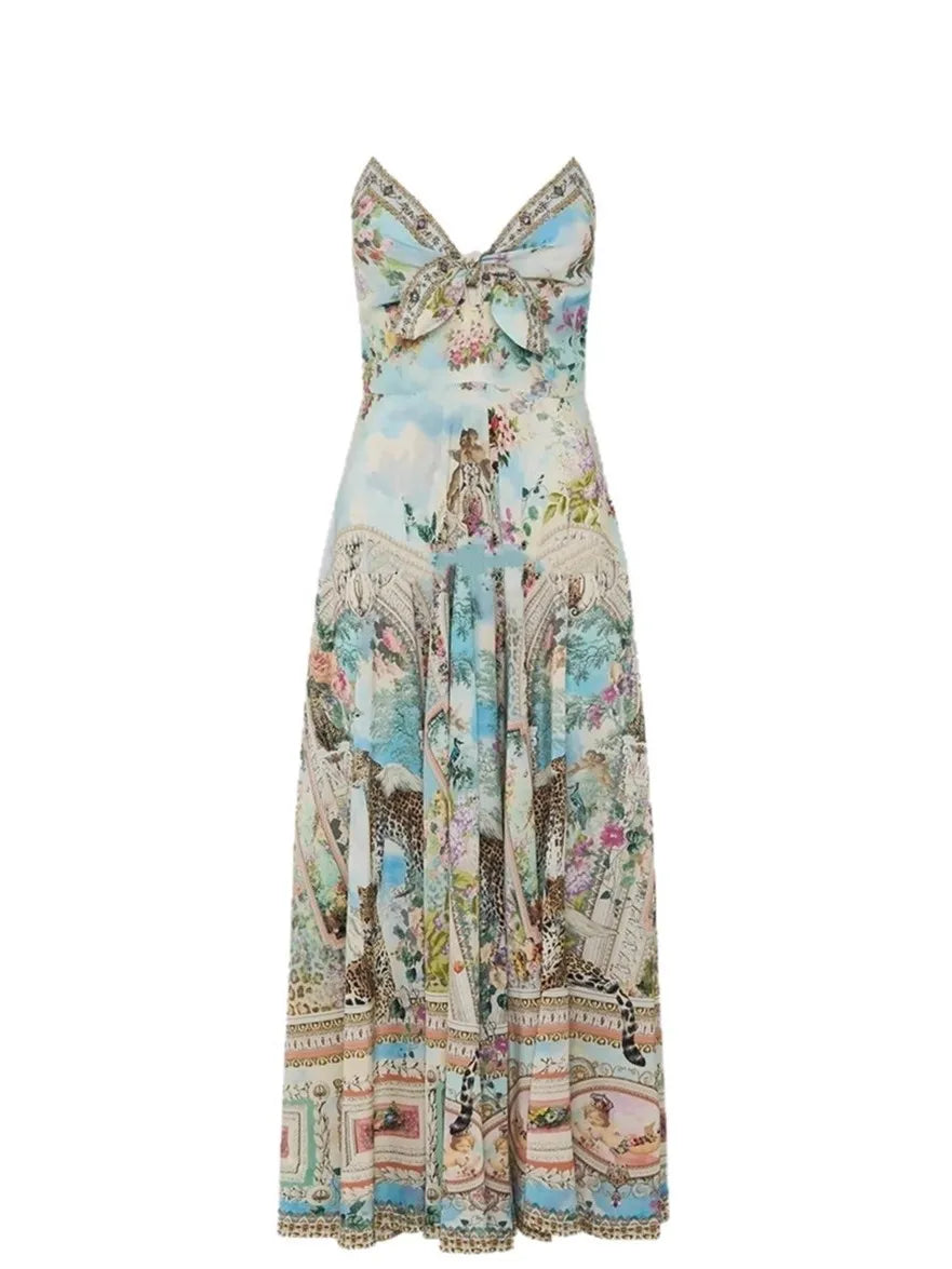 Sexy Strapless Printed Holiday Dress CML Australian Retro Oil Painting Print V-Neck A-Line Midi Dress Polyester Fiber Summer