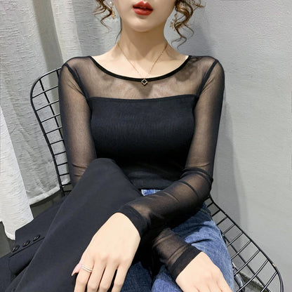 Autumn Winter Round Neck T shirt Women Sexy Mesh Bottoming Shirt Long Sleeve Solid Color Slim Fit Long Sleeve Casual Tops