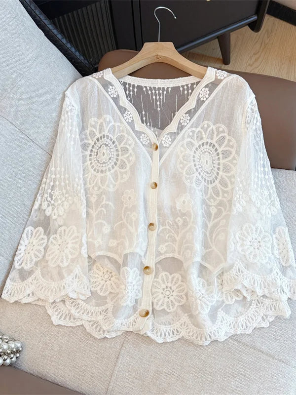 Elegant Embroidered Lace Shirt Women's Spring Summer plus Size Hollow out Button up Top French Style Straight Cut Thin Fabric