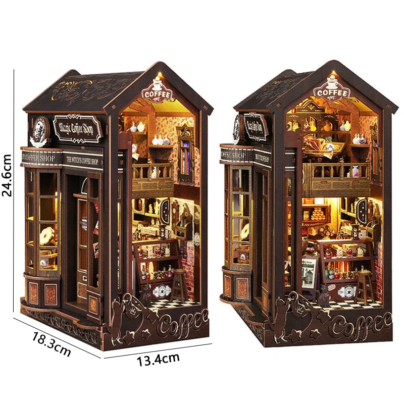 DIY Wooden Doll Houses Book Nook Shelf Insert Kit Miniature Model Kits 3D Puzzle Bookshelf With  LED Lights For Christmas Gifts