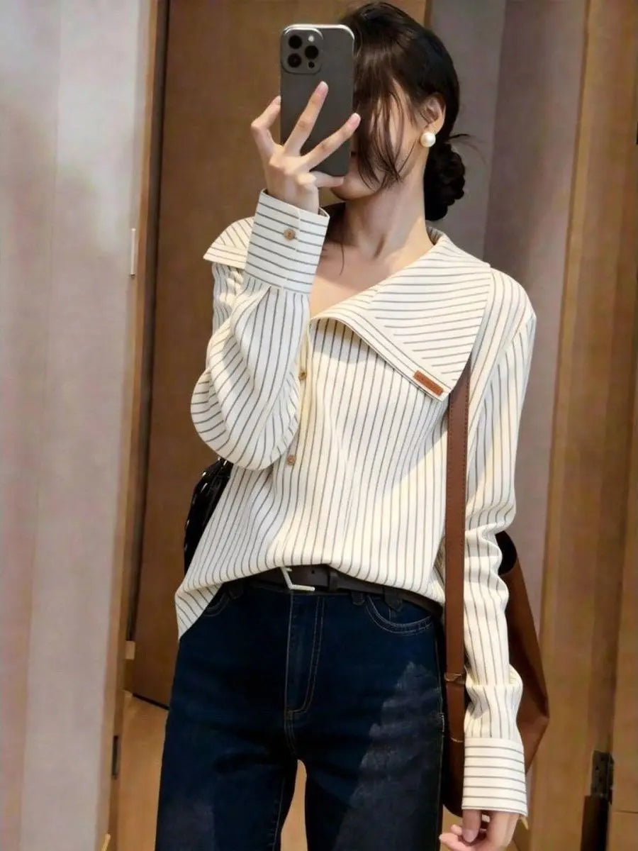 Elegant Unique Stylish Spring 2026 Casual Shirt Design Sensation  Personality Long Sleeve Striped Navy Collar Loose Fit