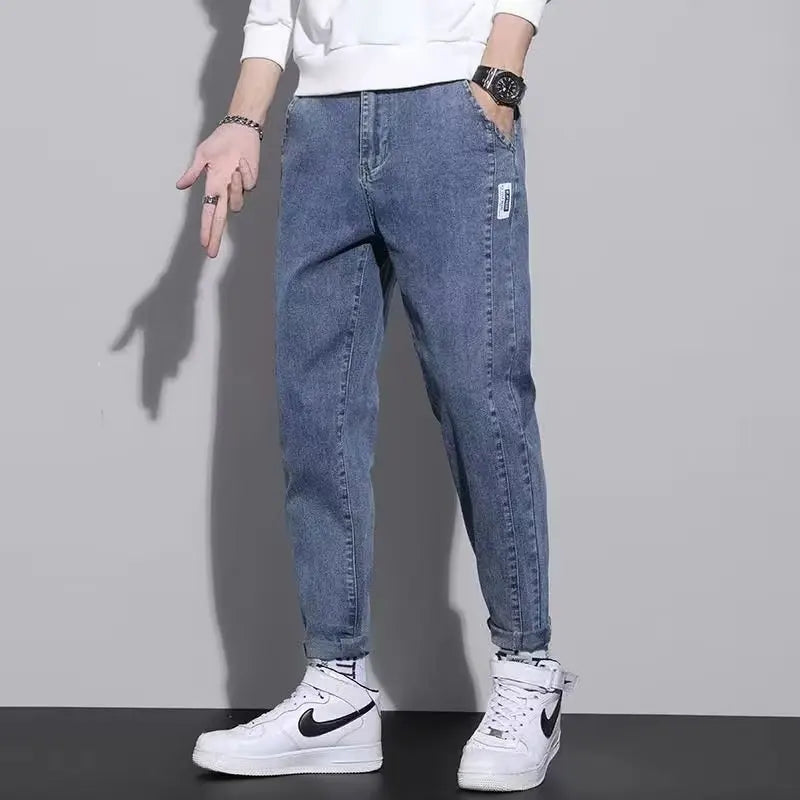 Men Autumn Winter Baggy Straight Leg Casual Jeans Trend Male High Waist Harem Pants Classic Simplicity Blue Black Gray Trousers