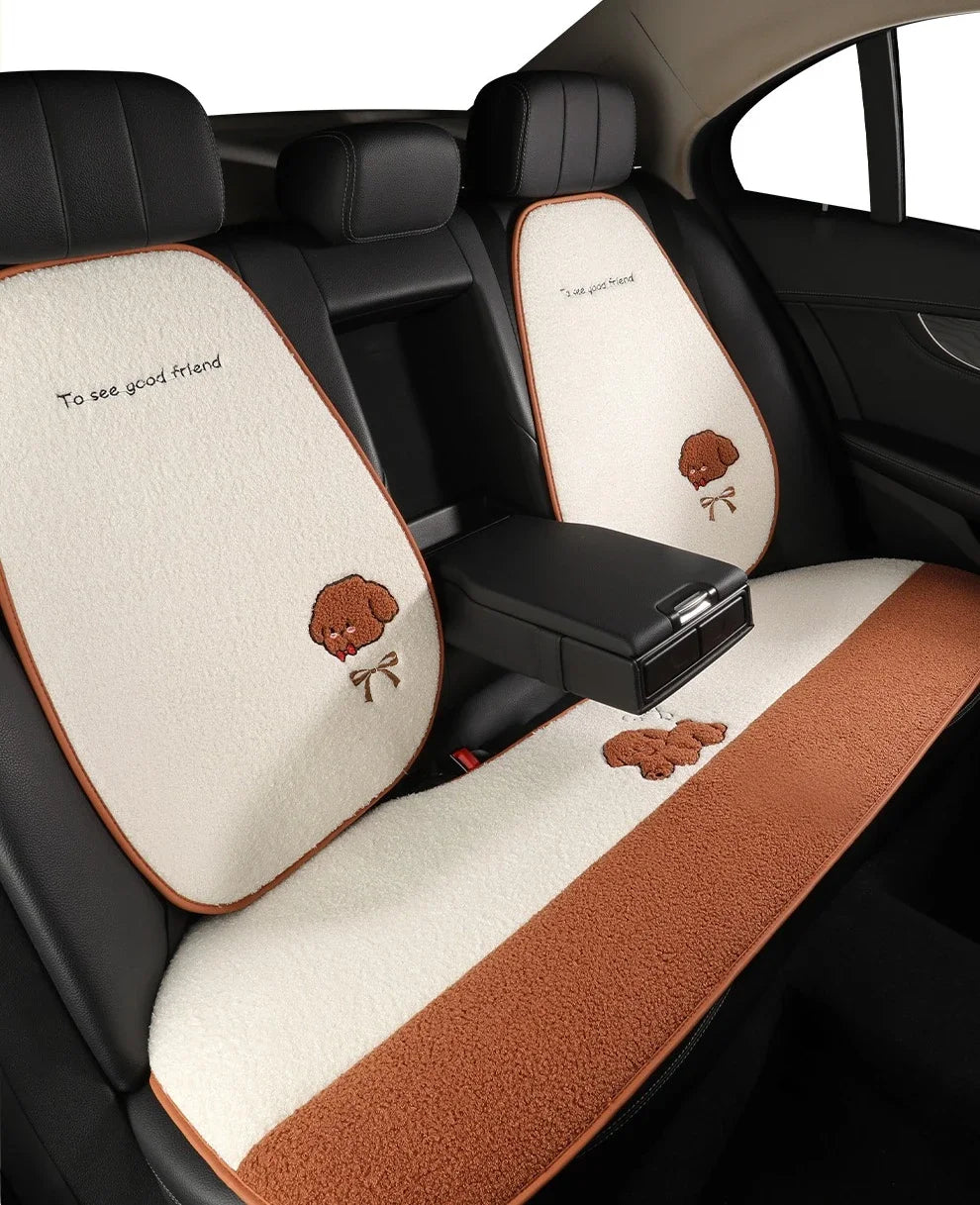 5 Seats Funny Puppy Car Seat Cover Fleece Fabric PU Leather Warm Comfortable Quick Installation Fits Most Cars