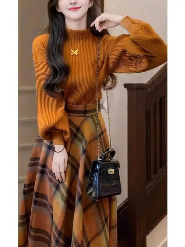 Retro Knitted Sweater Skirt Set Women's Plaid  Skirt Long Sleeve round Neck Two-Piece Suit Autumn Fashion Casual Wear