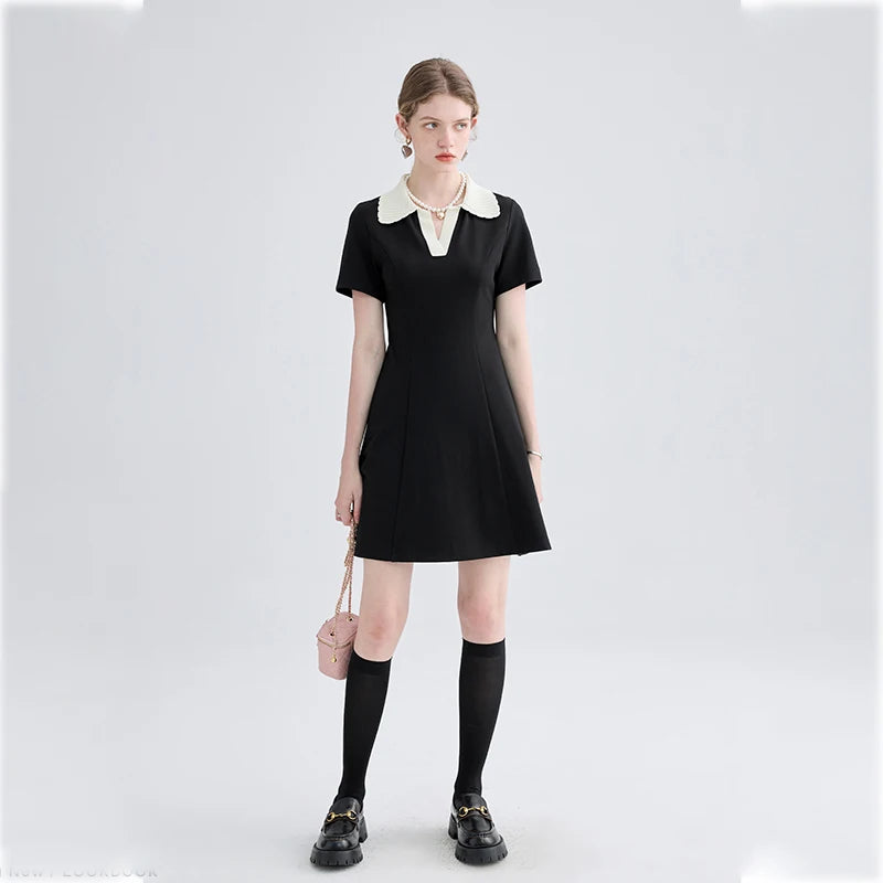 Women Dress Black Elegant Vintage French Style Short Sleeve Cute Casual New Fashion Polo-Neck Office Ladies Mini Dress 2026