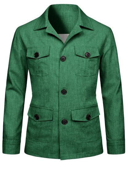 Men's Linen Blend Safari Jacket Retro British Style Multi-Pocket Workwear Coat Business Casual Suit Blazer for Spring Summer