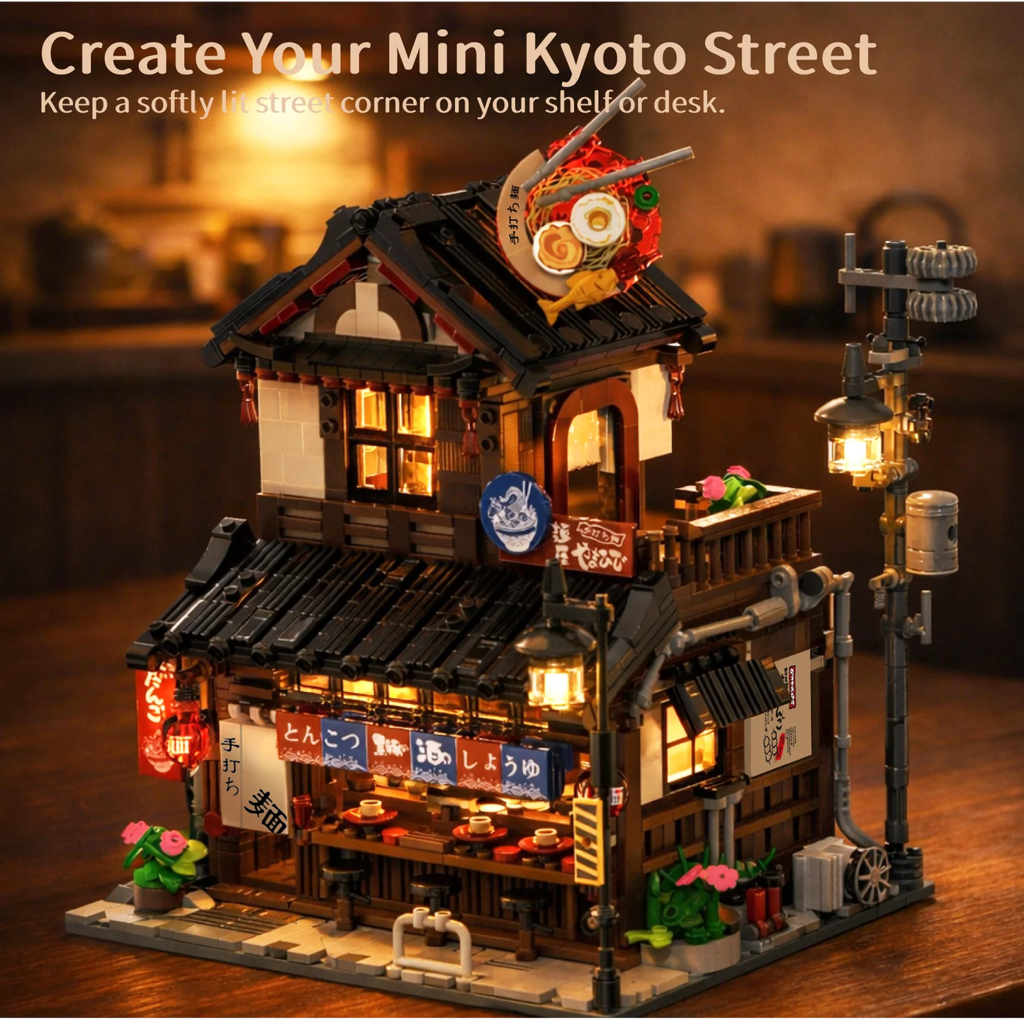 1670PCS Japanese Ramen Restaurant with Lights Building Blocks Set, City Street Scene Architectural Model Ornament, Birthday Gift