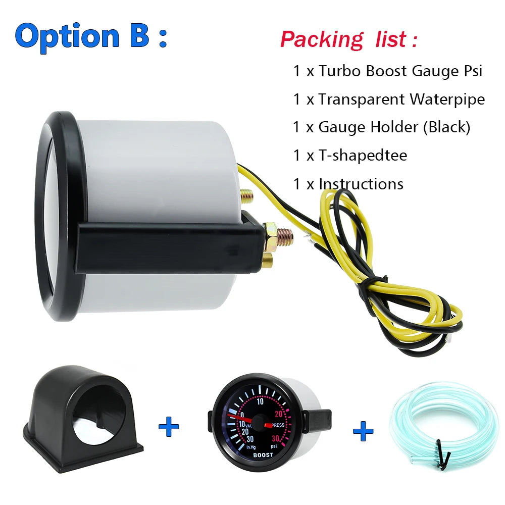 2 "52mm Turbo Boost Gauge 0~30PSI White LED Smoke Len -30in.Hg~0~30PSI Auto Turbo Boost Controller Kit Holder waterpipe