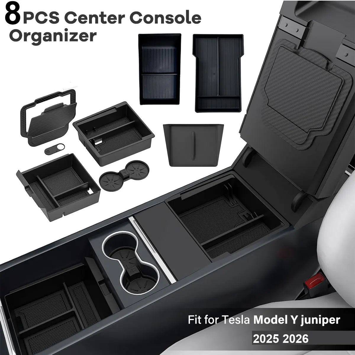 8x For Tesla Model Y Juniper 2025 2026 Nipper Center Console Organizers Non-slip Mat Upper Lower Watercup Wireless Charging Mat