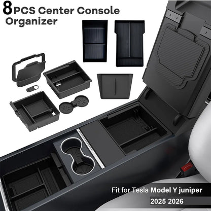 8x For Tesla Model Y Juniper 2025 2026 Nipper Center Console Organizers Non-slip Mat Upper Lower Watercup Wireless Charging Mat