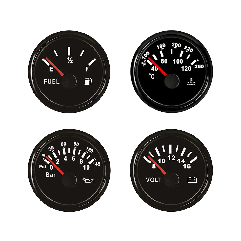 Universal 4 Gauge Set 52mm Water Temp Oil Pressure Fuel Level 0-190 240-33 ohm Meter Voltmeter with Backlight for Car Boat 12V