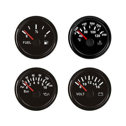 Universal 4 Gauge Set 52mm Water Temp Oil Pressure Fuel Level 0-190 240-33 ohm Meter Voltmeter with Backlight for Car Boat 12V